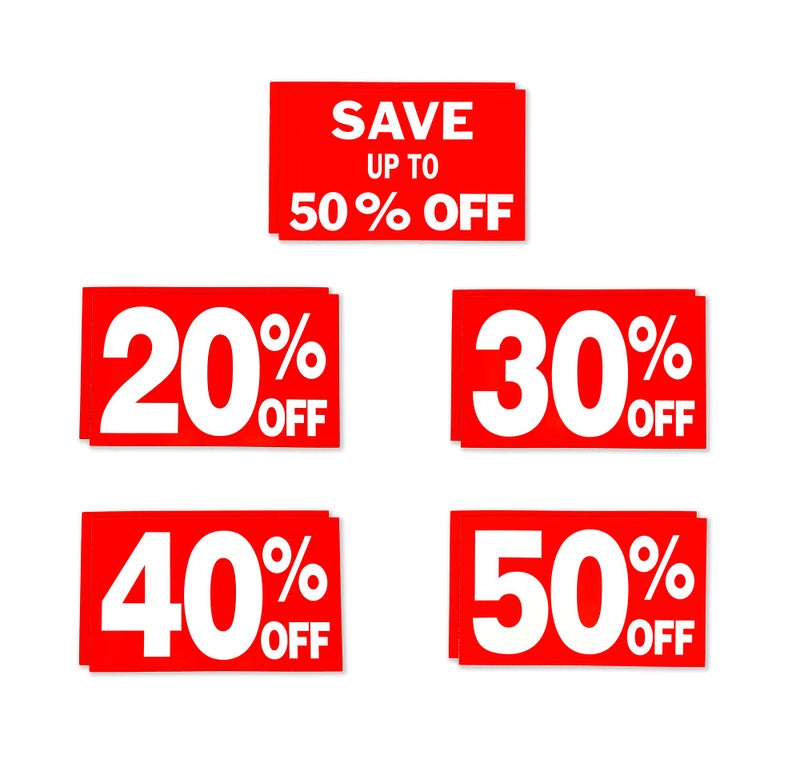 Store Fixtures Direct Up to 50% Percent Off Sign Bundle Pack, 7" x 11": 20%, 30%, 40% & 50%, 2 of Each Sign, 10 Pack - Image 1